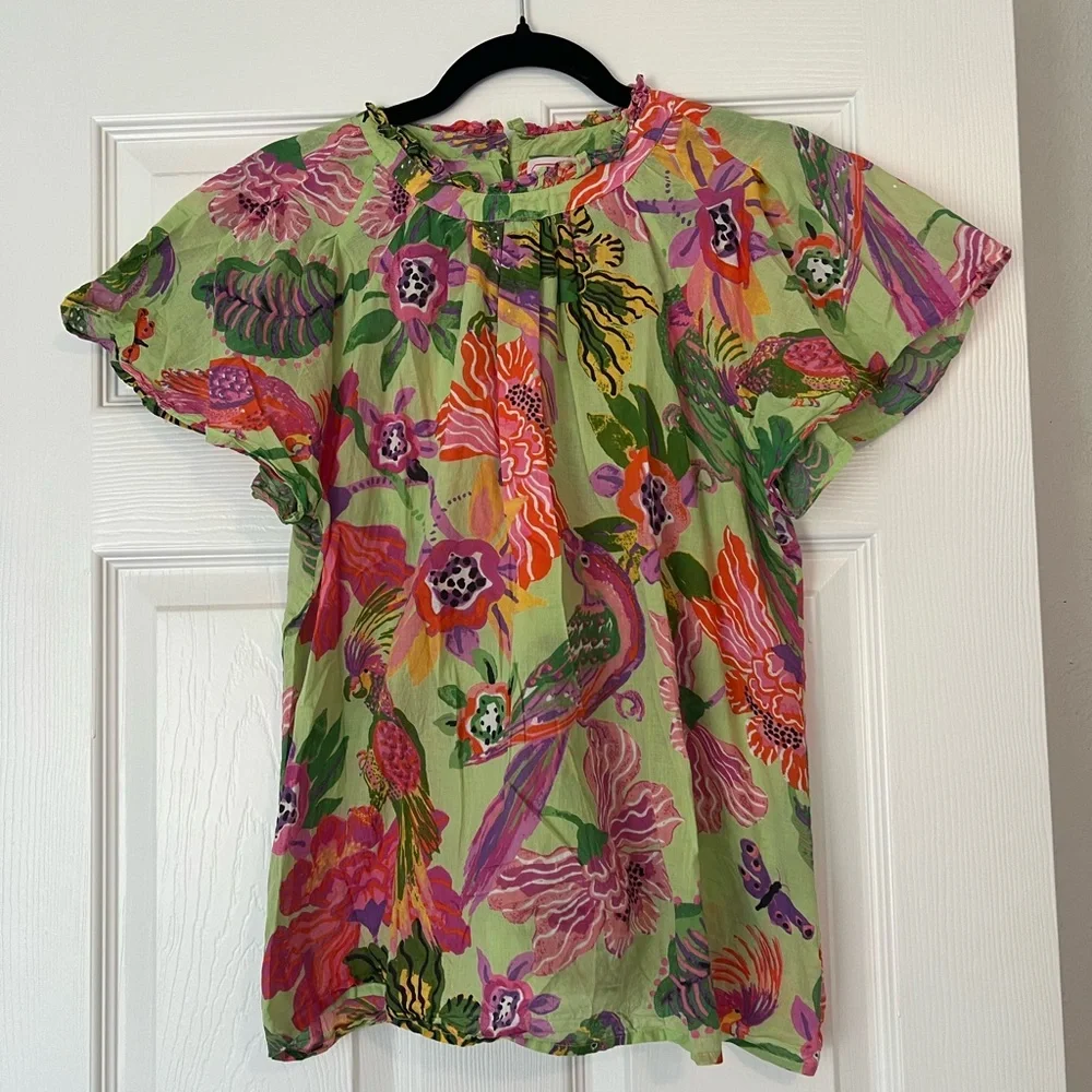 Banjanan Green Floral Short Sleeve Blouse with Pink & Orange Accents - Picture 1 of 3